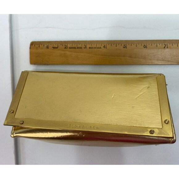 Tory Burch Gold Metallic Structured Clutch With Velvet Lining & Brass Details 2s - Picture 5 of 8